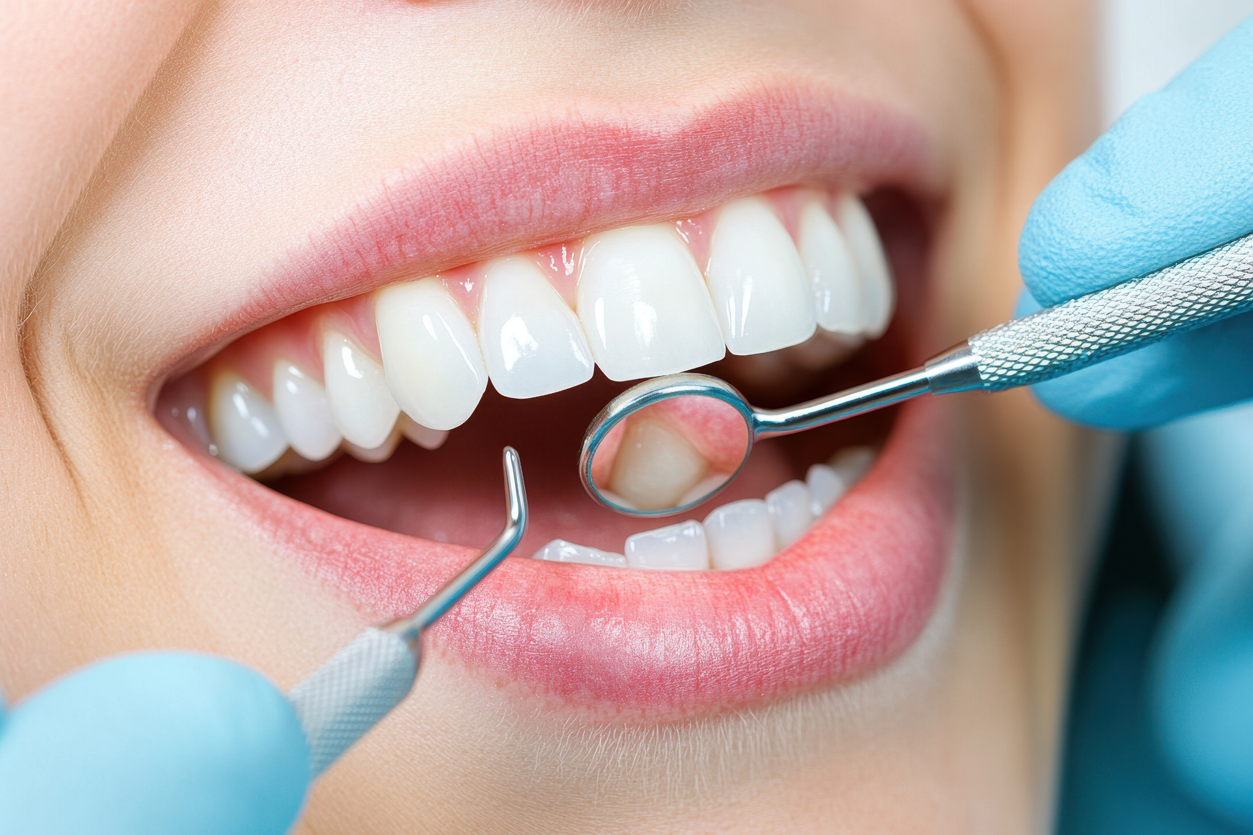 Periodontist examining gums and checking for signs of disease with specialized tools in a clinical setting